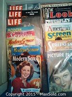 Photo showing an assortment of vintage magazines including Life, Modern Screen, and Look with colorful covers featuring old movie stars.