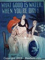 Sheet music poster 'What Good is Water When You're Dry?' depicting a man and woman seated at a table, vintage style artwork