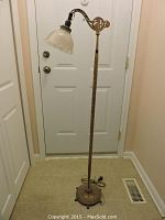 Full view of the floor lamp showing the base, twisted stem, curved arm, and frosted glass shade.