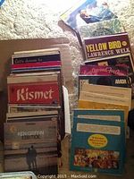 Photo showing assorted vinyl record albums, including visible titles 'Kismet,' 'Ebb Tide' by Ken Griffin, and 'Yellow Bird' by Lawrence Welk.