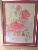 Framed original floral wall art with pink roses, silver frame and pink matting.