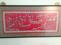 Full view of the framed dragon boat themed wall art with multiple boats and figures on a red background.