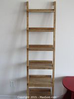Front view of ladder shelf unit against white wall