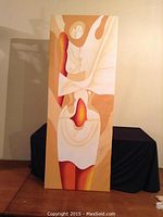Full view of the abstract woman acrylic painting on canvas showing the entire artwork in warm tones mounted on stretcher board.