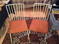 Pair of vintage wrought iron bistro chairs with rust-colored cushions shown side by side on a patterned rug.