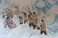 Mid-range view of oil on board painting without frame showing composition of Inuit hunters and dog sled.