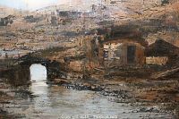 Full view of painting showing textured cubist ruin landscape with arch over water