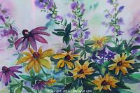 Close-up photo showing detailed floral watercolour painting with purple and yellow flowers and green leaves.