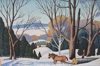 Front view of winter scene oil painting showing horse pulling logs and figure near large trees, signed bottom left.