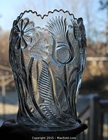 Full view of the pressed glass vase held up against natural light showcasing the Scottish thistle floral embossing and scalloped rim.