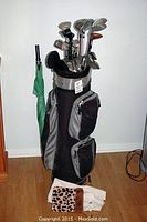Full view of golf clubs in carry bag with visible headcovers and attached umbrella