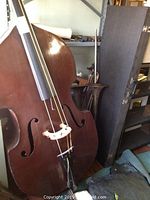 Front view of double bass showing body, F-holes, bridge and tailpiece with case behind