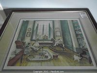 Framed print showing the entire children's playroom scene featuring two young girls, rocking horse, toys and small dog in muted pastel colors.