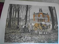 Photo showing a print featuring two men working with a horse in front of a large orange-brown house, surrounded by trees; depicts a rural rural sugar bush scene.