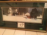 Full framed artwork showing winter barn and sleigh scene