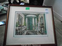 Framed limited edition print showing a woman and child near a green door in a detailed interior.