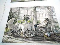 Print depicting floral armchair, table with lace cloth, wicker pram and basket in sunlit interior.