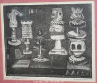Close-up of the signed and numbered art print 'Chessmen' by Irving Amen, showing detailed chess pieces and signature.