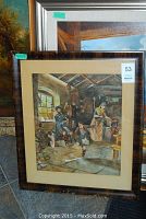Front of framed print showing a traditional Scottish dancer and other figures indoors.