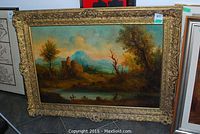 Full front view of the oil painting in its ornate gold frame.