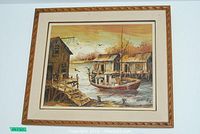 Framed painting of a dock scene with boat, wooden buildings, signed lower right 'Langevin '73'