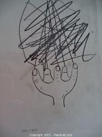 Abstract black line drawing showing a hand and scribbled mass