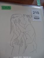 Full view of lithograph in protective sleeve showing two figures and edition number 374/666 in pencil