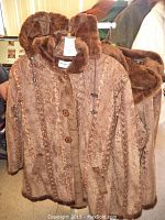 Front view of a brown ladies coat with hood and button closures showing plush textured fabric and faux fur trim.