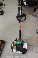 Full view of the green and black gasoline-powered weedeater with straight shaft and handle grips.