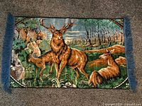 Front view of tapestry showing full design and fringe