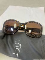Front view of the sunglasses showing the tortoiseshell frame and gradient brown lenses lying on branded gray pouch.