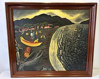 Front view of framed silkscreen print showing the entire artwork "Qualicum Beach" by E J Hughes, highlighting the detailed beach and mountain scene.