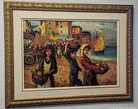 Frontal image of large framed oil painting showing Italian children street scene at a waterfront market with boats, buildings, and crowds in background.