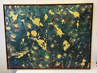 Front view of large abstract oil painting framed in wood showing full artwork.