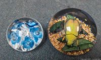 Photo showing two paperweights on a gray carpet. Left one is clear glass with blue flowers inside, right one is clear Lucite with a green beetle inside.