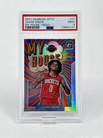 Front view of 2021 Donruss Optic Jalen Green My House Holo rookie card graded PSA 9 in protective slab.