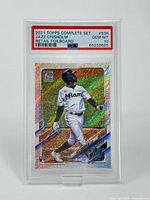 Front view of 2021 Topps Jazz Chisholm retail foilboard card in PSA holder, showing holographic foil design and PSA Gem Mint 10 grading.