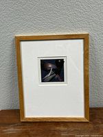 Frontal photo of framed artwork titled "AIRBORNE" by Ann D. Williams in light wood frame with white mat, showing entire piece on a wooden surface against a textured wall.