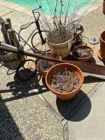 Outdoor grouping of several terracotta and ceramic planters with soil and dried plants, rustic garden tools, and a wooden decorative oar.