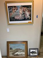 View of all three framed artworks hanging on a beige wall showing relative sizes and frames.