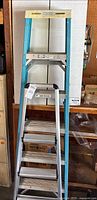Two step ladders together. The 5-step fiberglass ladder is turquoise and the 3-step aluminum ladder is silver with black steps.
