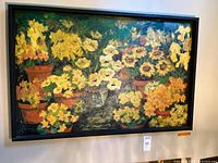 Frontal view of the large rectangular framed oil painting showing detailed yellow flowers in terracotta pots, colors vibrant and frame black wood.