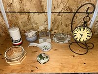 Overall view of assorted items on shelf