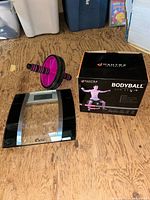 Mantra Sports Bodyball box, CWW glass scale, ab roller visible