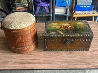 Overall view of sewing box and equestrian chest