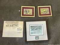 Group view of all four prints: framed Bateman, unframed Arkansas sheet, two framed songbird pieces