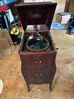 Full view of open-lid Victrola cabinet phonograph