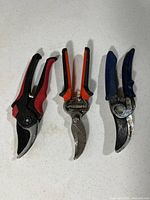 Three pruning shears side by side showing overall condition, colors, blade styles