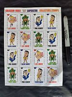 Full sheet of 16 WWF promo stamps featuring Lex Luger, Macho Man Randy Savage, Paul Bearer, and Razor Ramon, along with pen for scale.