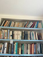 Three shelves filled with assorted hardcover and paperback books, showing a variety of titles, spine colors, and sizes indicating a collection of over 81 books.